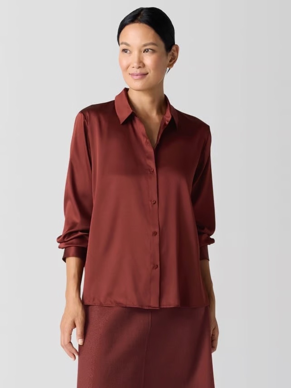 EILEEN FISHER Silk Charmeuse Classic Collar Shirt - M
